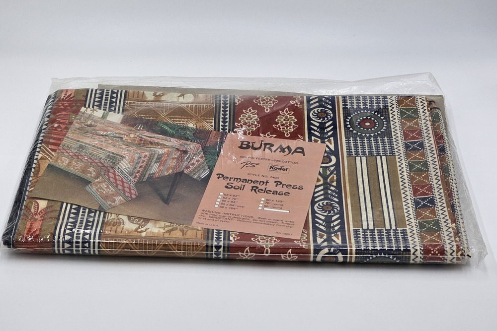 Vintage Burma Kodel Polyester Tablecloth 52x70 Geometric Lizard Bird Tribal NIP